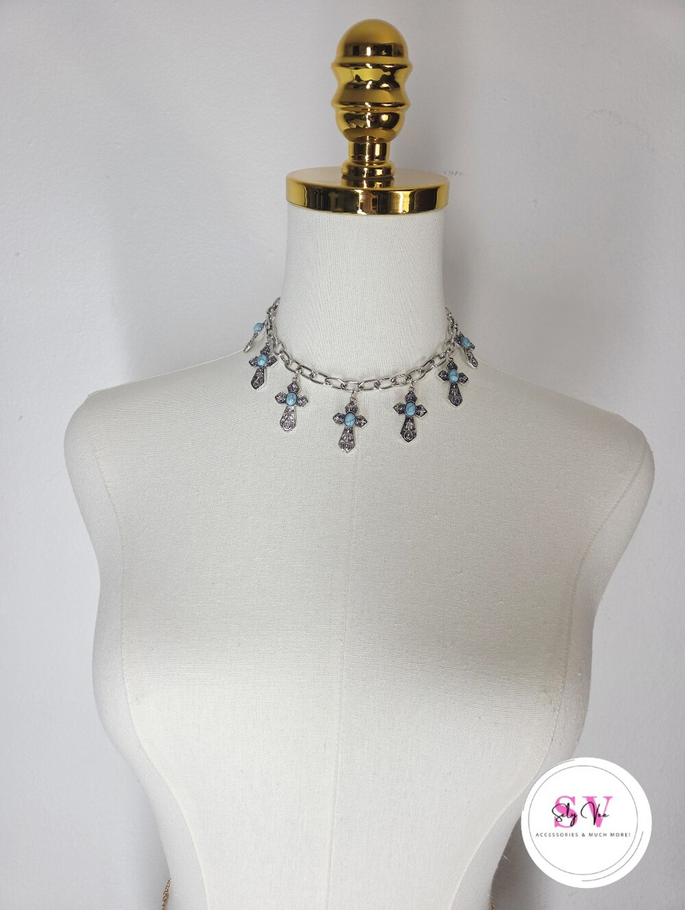 Silver Cross Charm Necklace with Blue Accents